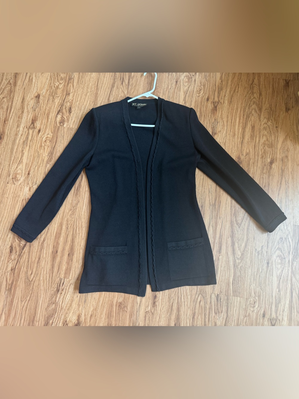 St. John Black Open-Front Braided-Trim Knit Cardigan